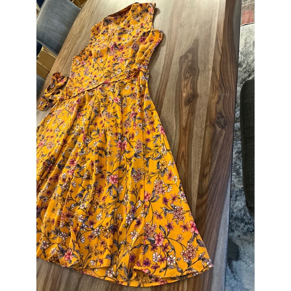 Nanette Nanette Lepore Floral Midi‎ Dress 6 Mustard Yellow Pleated Fit Flare - Picture 14 of 16